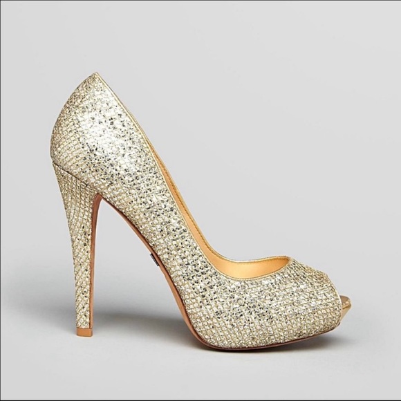 Badgley Mischka Humbie II Metallic Glitter Fishnet Open-Toe Pump Size 7M - Picture 2 of 5
